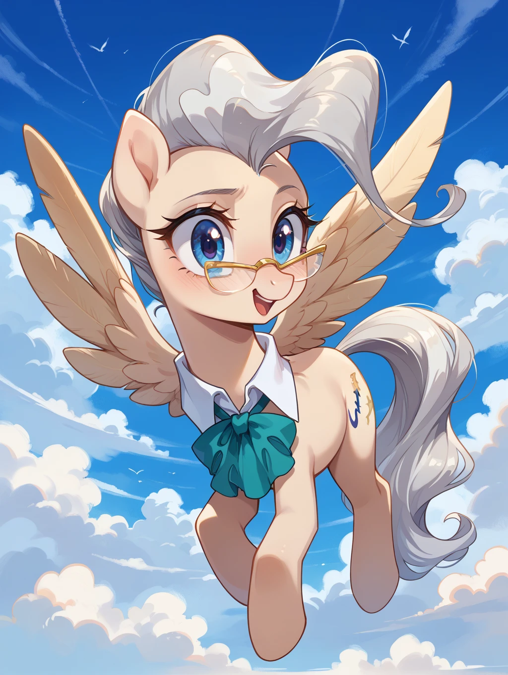 Mare is flying in the sky while spreading his wings. Mare has wings and a unicorn horn. Full body

Mare,1girl, non-human,glasses, blue eyes,beige skin, quadruped,animal, pony, gray hair,tail, shirt collar,purple bow on collar
score_9, score_8_up, score_7_up,source_anime,BREAK