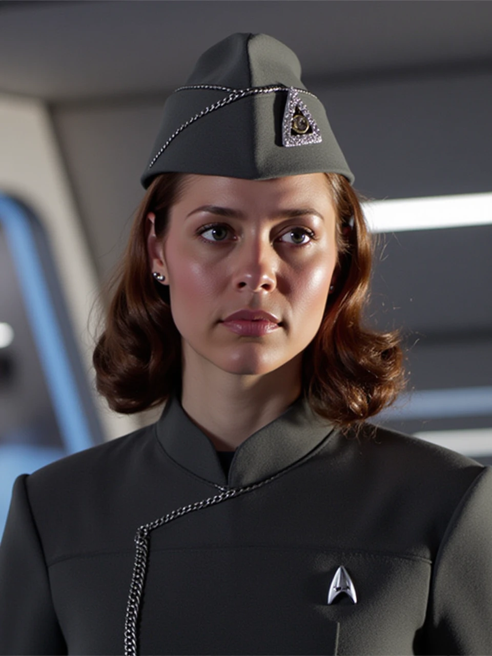 This is a photograph taken on a Starfleet border space station, which is brightly lit with a space shuttle ready for takeoff in the background. The woman in the photo is wearing a gray Starfleet uniform with a dark gray garrison cap on her head with a captain's rank insignia on the side of the cap as she prepares for a flight mission in the cockpit of the shuttle.

coh24, garrison cap, 