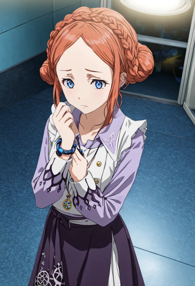 (((solo))), masterpiece, best quality, very aesthetic, modern, modern anime, anime style, newest, absurdres, highres, high angle , sad expression  ,  <lora:Luna_VLR_SDXL:1>, A photo of Luna. Luna stands at the intersection of multiple corridors where temporal glitches have created a recursive loop. Her figure appears at each entrance, each version moving in perfect synchronization while performing different medical procedures. The facility's lights strobe between emergency red and sterile white, revealing the mechanical precision beneath her gentle movements. Luna has droopy blue eyes and thin eyebrows. Luna's coral orange hair is tied in a bun with a braid and with two long strands on each side of her face in the front, accompanied with short, side-swept bangs. Luna wears a light purple, long-sleeved blouse under a white vest and a long, dark purple skirt with a white geometric design near the bottom. The skirt is tied around her waist with a ribbon. She also has purple stockings and white slippers. She wears a large bracelet on her left wrist. Her necklace is a caged bluebird.