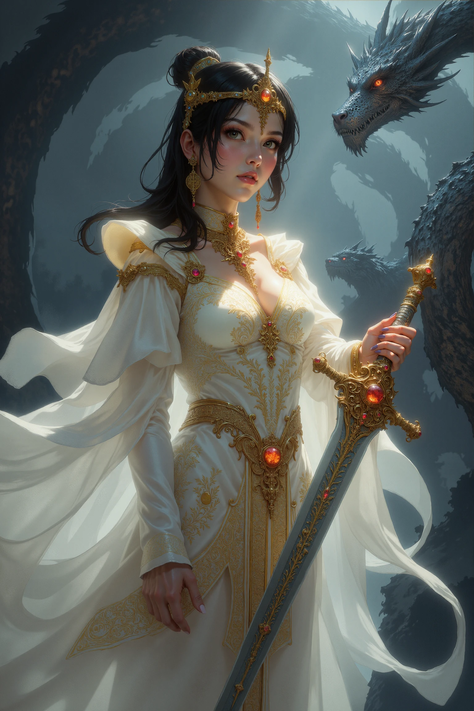 <lora:FANCHA_style:0.9> FANCHA style detailed digital artwork.
The image portrays a commanding and regal woman enveloped in an aura of mystique and elegance, standing against an ethereal backdrop filled with swirling shadows and dragon-like forms. Her attire is a flowing, layered gown of pure white fabric adorned with intricate embroidery of golden filigree and floral motifs that shimmer softly in the pale light. The translucent layers of her sleeves create a sense of movement, as though she is surrounded by a gentle, supernatural breeze. Her face is framed by sleek, dark hair that falls just below her shoulders, adorned with an ornate golden headpiece crowned with ruby-red gemstones that catch the light, accentuating her noble bearing. Matching jewelry, including intricate golden earrings and an elaborate necklace, further enhances her regal presence. Her expression is calm yet commanding, with piercing eyes that seem to hold immense power and wisdom. In her hand, she holds a beautifully crafted sword with a golden hilt, intricately designed with carvings of mythical creatures and flourishes. The blade gleams with a faint, otherworldly glow, suggesting it holds an enchanted or divine quality. Her grip on the weapon is firm yet elegant, reinforcing her dual nature as both a protector and a ruler. The background is a swirling dreamscape of deep blues and shadowy grays, with faintly glowing mist and the spectral forms of dragons coiling in the distance. Their scaly forms and sharp claws are rendered with shadowy detail, adding a sense of both danger and awe to the scene. The interplay of soft light and shadow creates a dramatic and atmospheric composition, casting the woman as a figure of both celestial beauty and formidable power, seamlessly blending fantasy and majesty.