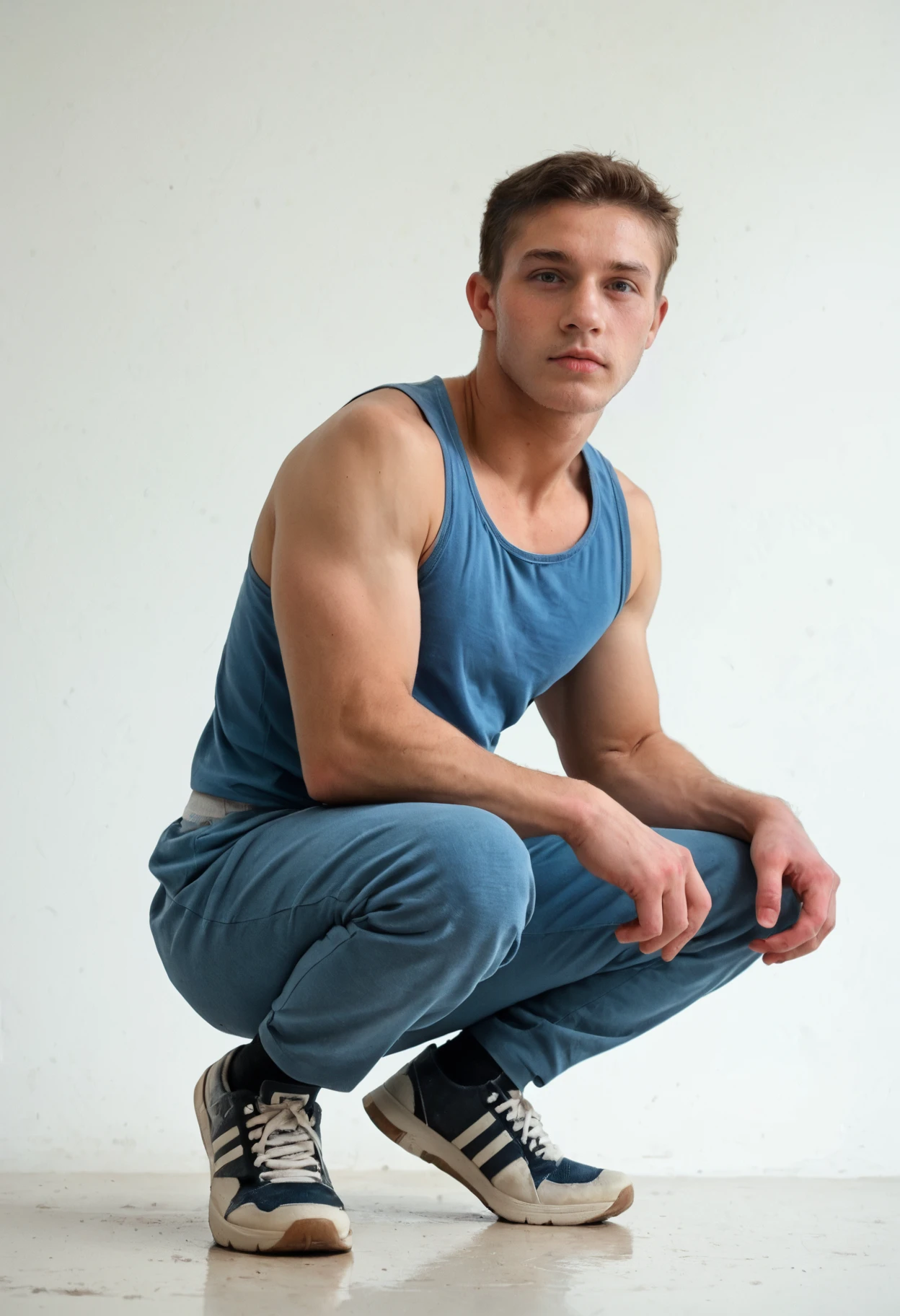 score_9, score_8_up, score_7_up, score_6_up, realistic, photorealistic, highly detailed, <lora:xl_joey_landis-09:0.8> joeyperson wearing blue tank top shirt and athletic pants and socks and sneakers, squatting against a white background