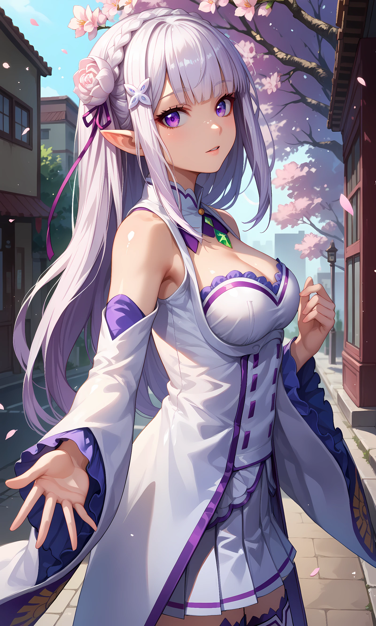 score_9, score_8_up, score_7_up, source_anime, 1girl, solo, outdoors, street, cherry blossoms, cowboy shot, looking at viewer, shiny skin, close-up, emilia, purple eyes, white hair, long hair, blunt bangs, hair ornament, braid, hair flower, pointy ears, bare shoulders, boots, cleavage, detached sleeves, green gemstone, long sleeves, pleated skirt, tailcoat, thigh boots, thighhighs white skirt, white thighhighs, wide sleeves, frills, zettai ryouiki, from side, reaching out