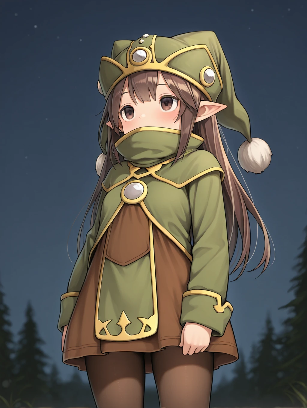 1girl, solo, Gnome, brown hair, long hair, brown dress, green robe, pointy ears, hat, covered mouth, pantyhose,

(standing), cowboy shot, looking at sky, night, 

masterpiece, best quality,amazing quality, very aesthetic, absurdres, depth of field, blurry background, extremely detailed face, detailed eyes