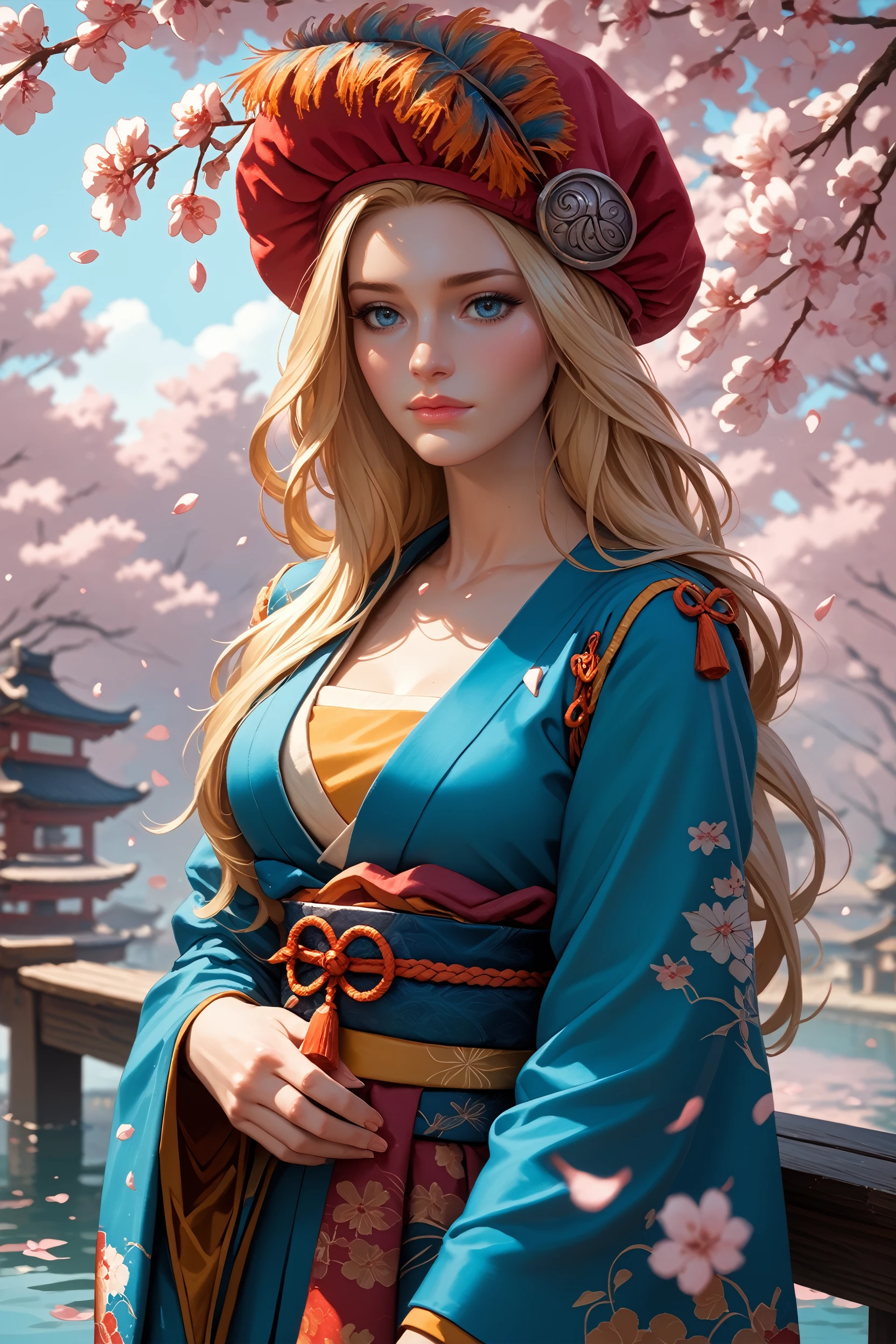 score_9, score_8_up, score_7_up,
<lora:W3Priscilla:0.8>
W3Priscilla, 1girl, long hair, blonde hair, blue eyes, hat, in a traditional kimono, surrounded by cherry blossoms