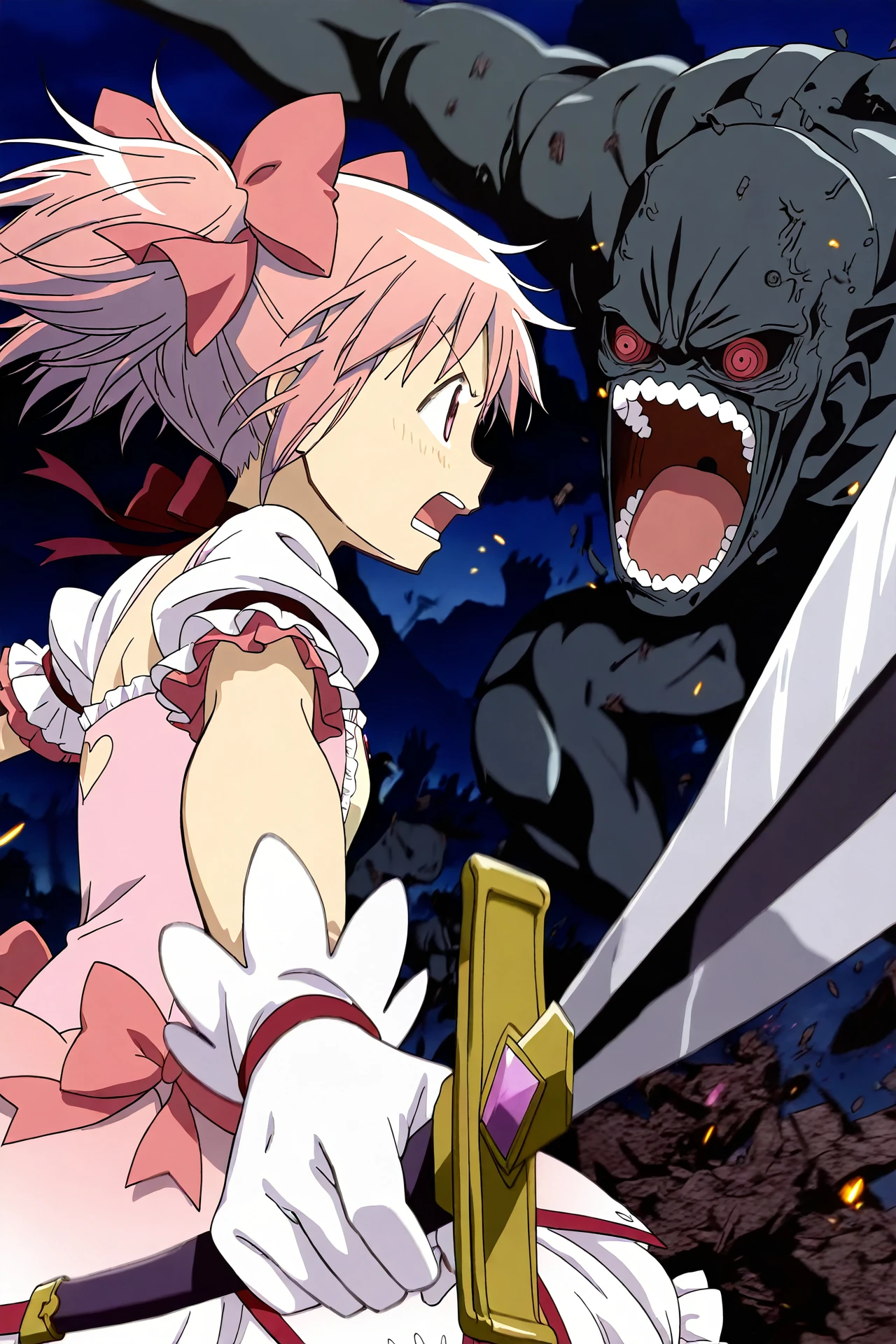 ((best qualityer)), ((work of art)), (detailded), 1 girl, ombro to ombro sweater, long light pink hair,light blue eyes, ((big boobies)), psycho smile, holding an axe,((stained with blood)), ((Face covered in blood)),roupa stained with blood 