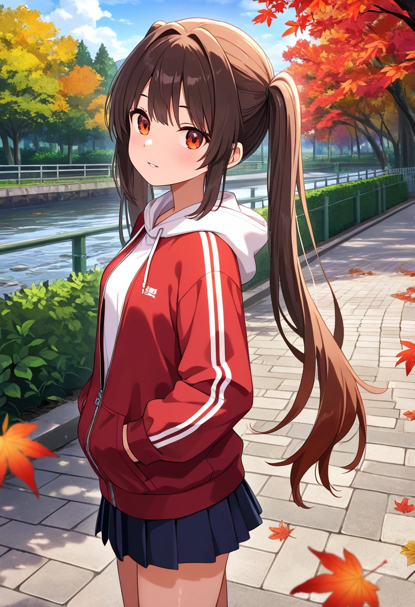 masterpiece, best quality, absurdres, very aesthetic, general,
1girl, solo, twintails, brown hair, looking at viewer, pleated skirt, long hair, hood, outdoors, autumn leaves, hands in pockets, tree, leaf, long sleeves, hood down, bangs, red jacket, parted lips, blush, red eyes, sidelocks, railing, day, maple leaf, autumn, hooded jacket, white shirt, standing, black skirt, cowboy shot, miniskirt, hoodie, zipper pull tab, drawstring, track jacket, zipper, fence, eyebrows visible through hair, red hoodie, falling leaves, park, bush, sky, road, closed mouth, sunlight, very long hair, bridge, blue sky, hooded track jacket, hands in pocket, river, open jacket, eyebrows behind hair, pavement, double vertical stripe, hand in pocket, blue skirt, shiny hair, small breasts, hair intakes, cloud, white hoodie, orange eyes, looking to the side, sidewalk, pocket, stone stairs, light blush, light smile,