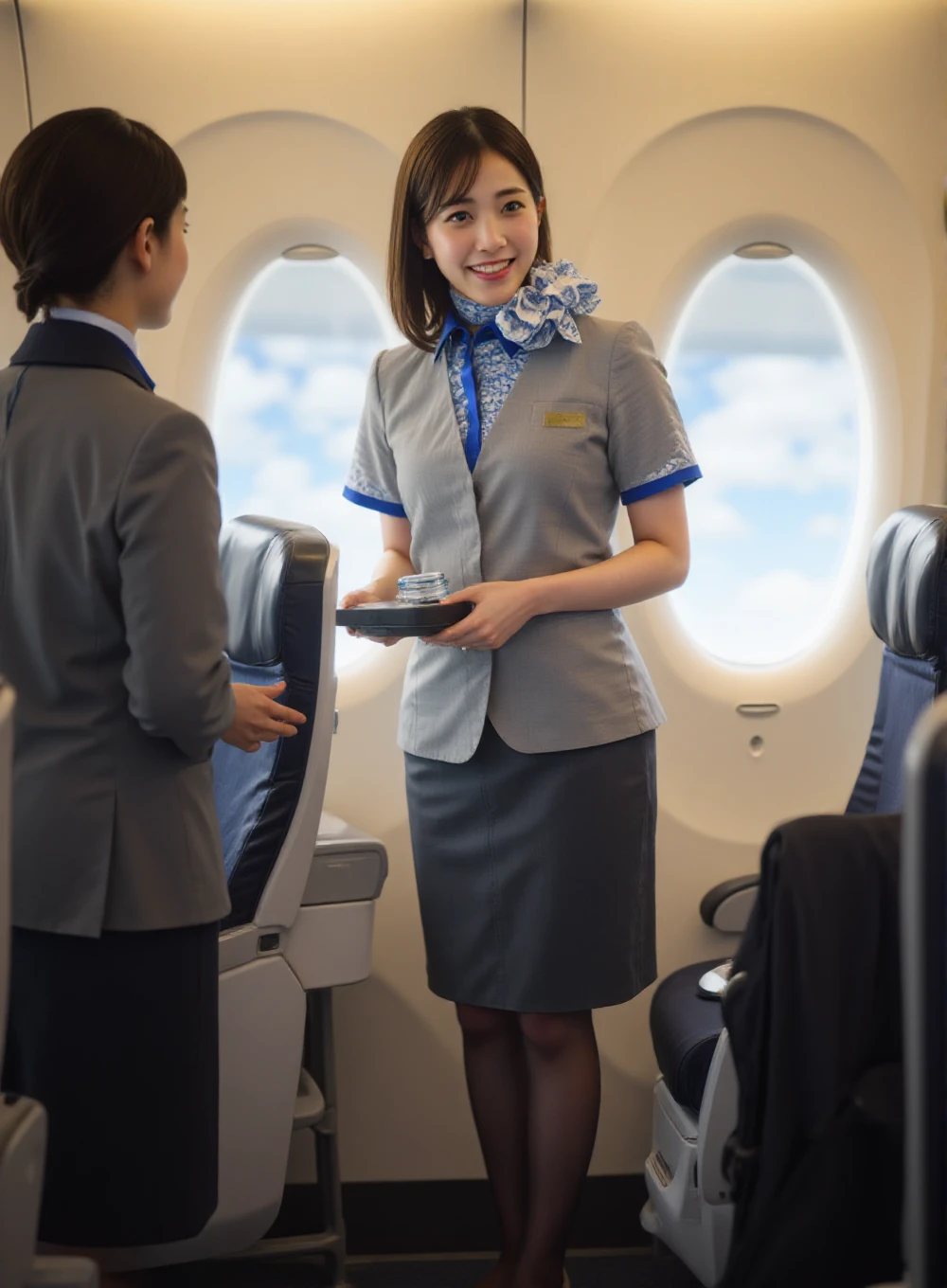 realistic,Photograph of  female flight attendants,beautiful japanese girl,caana,smile,high quality,detail face,wearing a glay flight attendant uniform with blue trim,neck scarf,black tights and high heels,<lora:FLUX.1-Turbo-Alpha:1>,miniskirt,light makeup,full body,miniskirt,beautiful legs,<lora:FLUX_ANA_CA_r1:1>,very beautiful cabin attendant,She is softly smiling while serving drinks to passengers.,The background shows the warm ambient lighting of a business-class cabin with a window view of pale blue skies and clouds.,The composition captures the flight attendant standing at the centeleaning slightly towards a passenger on the left.,The overall atmosphere conveys professionalism and comfort.,<lora:jdl-flux-lora:0.8>,