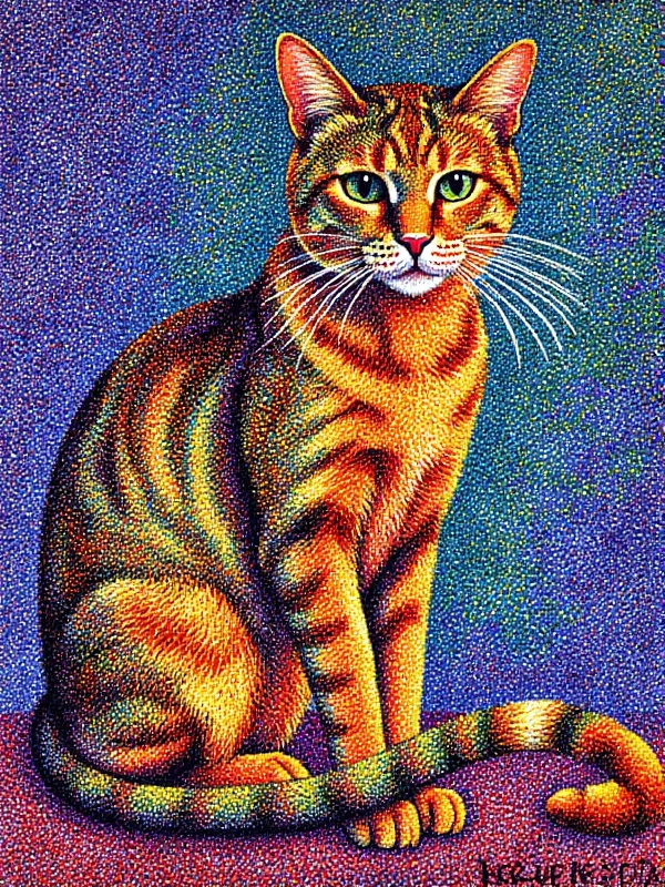 <lora:Pointillism_Art_style:0.9> pointillism art style of a cat