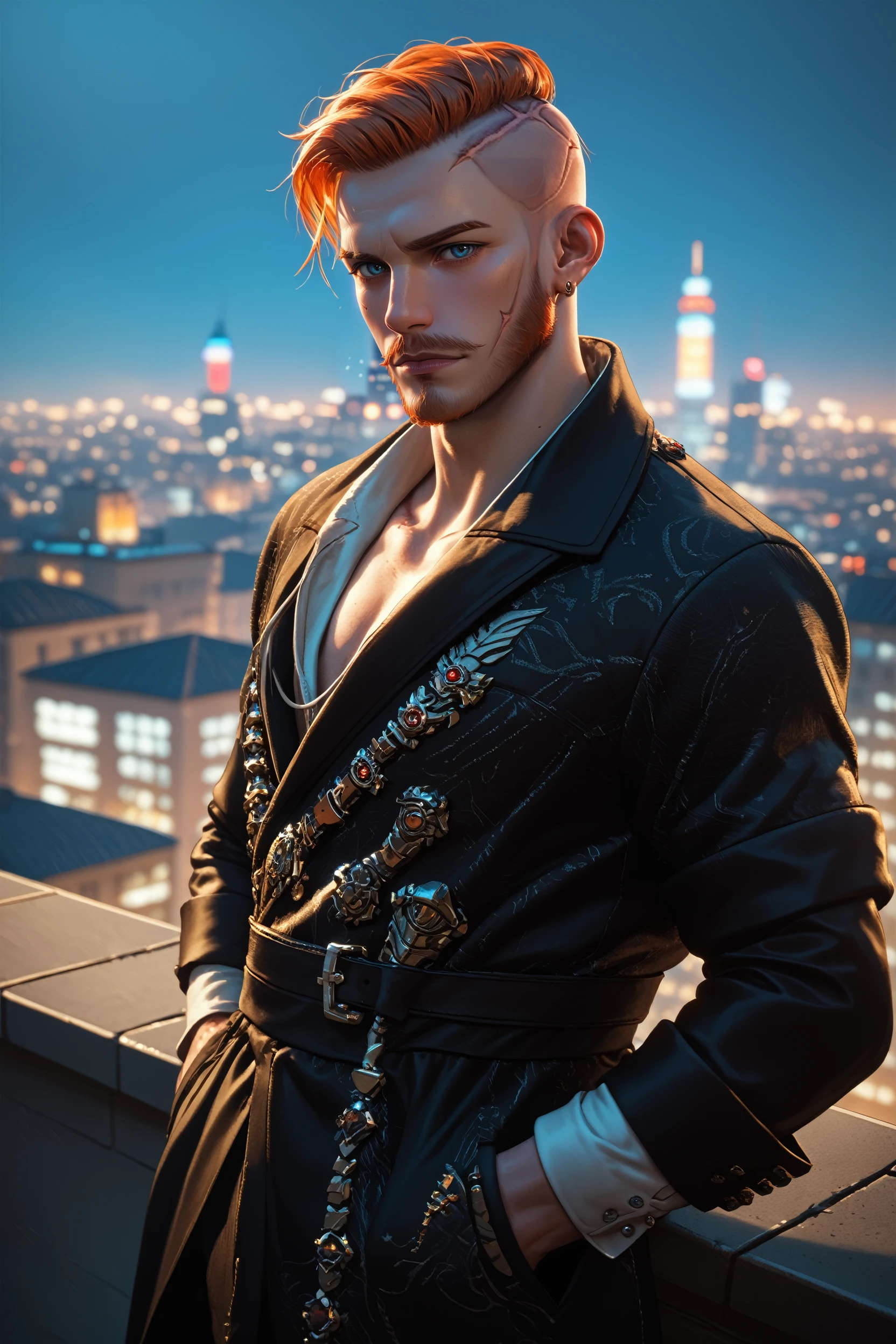 score_9, score_8_up, score_7_up,
<lora:W3Olgierd:0.8>
W3Olgierd, 1boy, orange hair, blue eyes, facial hair, undercut, scar, looking at viewer, On a high-rise rooftop, sharp black trench coat, city lights below, hands in pockets