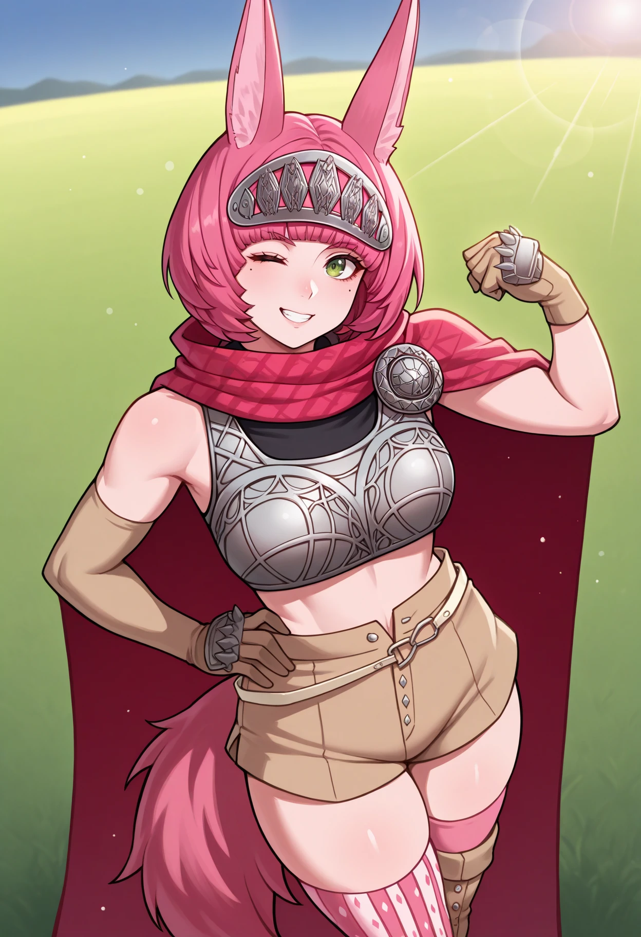 masterpiece, best quality, 1girl, standing, looking at viewer, flexing, wink, grin, hand on own hip, <lora:CatherinaMR-illu:1> cathMR, pink hair, short hair, blunt bangs, green eyes, mole under eye, forehead protector, fox ears, red cape, boobplate, midriff, bare shoulders, uneven gloves, beige gloves, gauntlets, beige shorts, short shorts, open fly, belt, pink wolf tail, mismatched legwear, pink thighhighs, vertical-striped thighhighs, thighhighs under boots, field, lens flare