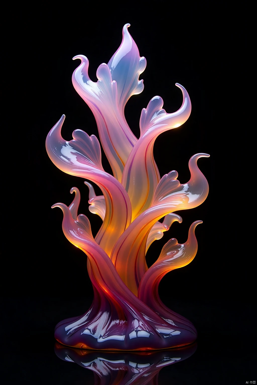 OBsgdys,
Iridescent glass sculpture, intricate details, vibrant colors, black background, studio lighting, high contrast, art photography