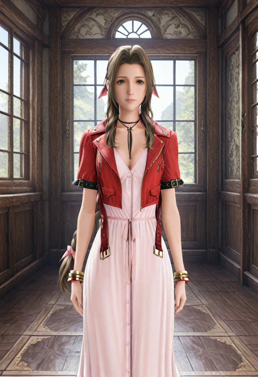 masterpiece, best quality, absurdres, highres, detailed background, <lora:hyperSD8:1>,
<lora:standing_at_attention:1> standing at attention, arms at side,   looking at viewer,    <lora:AerithFF7R:1> AerithFF7R, aerith gainsborough, long hair, brown hair, green eyes, braided ponytail, 3d, realistic,