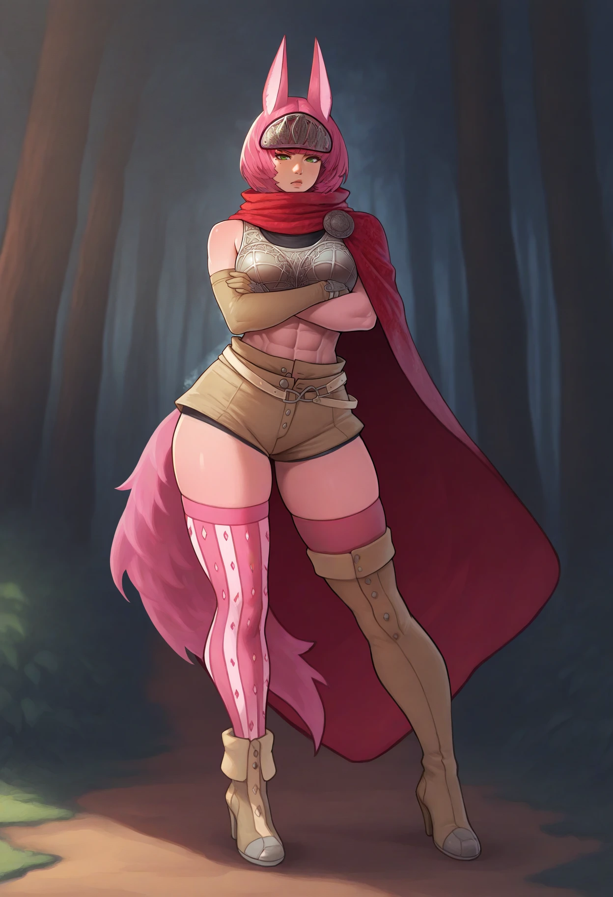 masterpiece, best quality, 1girl, full body, standing, crossed arms, scowl, looking at viewer, contrapposto, <lora:CatherinaMR-illu:1> cathMR, pink hair, short hair, blunt bangs, green eyes, mole under eye, forehead protector, fox ears, red cape, abs, boobplate, midriff, bare shoulders, uneven gloves, beige gloves, beige shorts, short shorts, belt, pink wolf tail, mismatched legwear, pink thighhighs, vertical-striped thighhighs, thighhighs under boots, beige footwear, high heel boots, asymmetrical footwear, ankle boots, thigh boots, forest, dappled sunlight, path