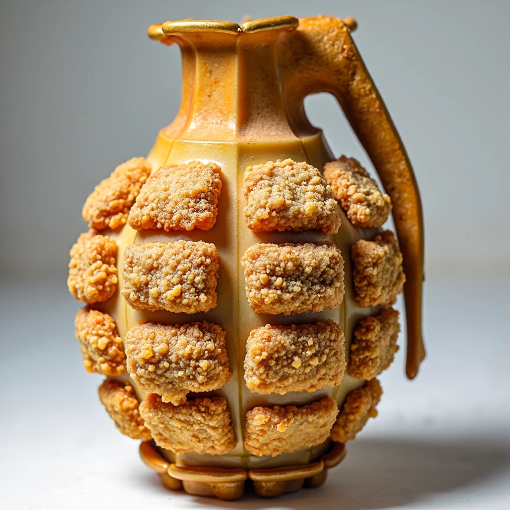 An entire unopened hand grenade transformed into a golden-crusted novelty. The full-sized explosive device, carefully battered and deep-fried while maintaining its distinct shape, creates an extraordinary display of carnival absurdity taken to the extreme. The exterior boasts a uniformly crispy golden coating, while the sealed and intact grenade remains encased within.