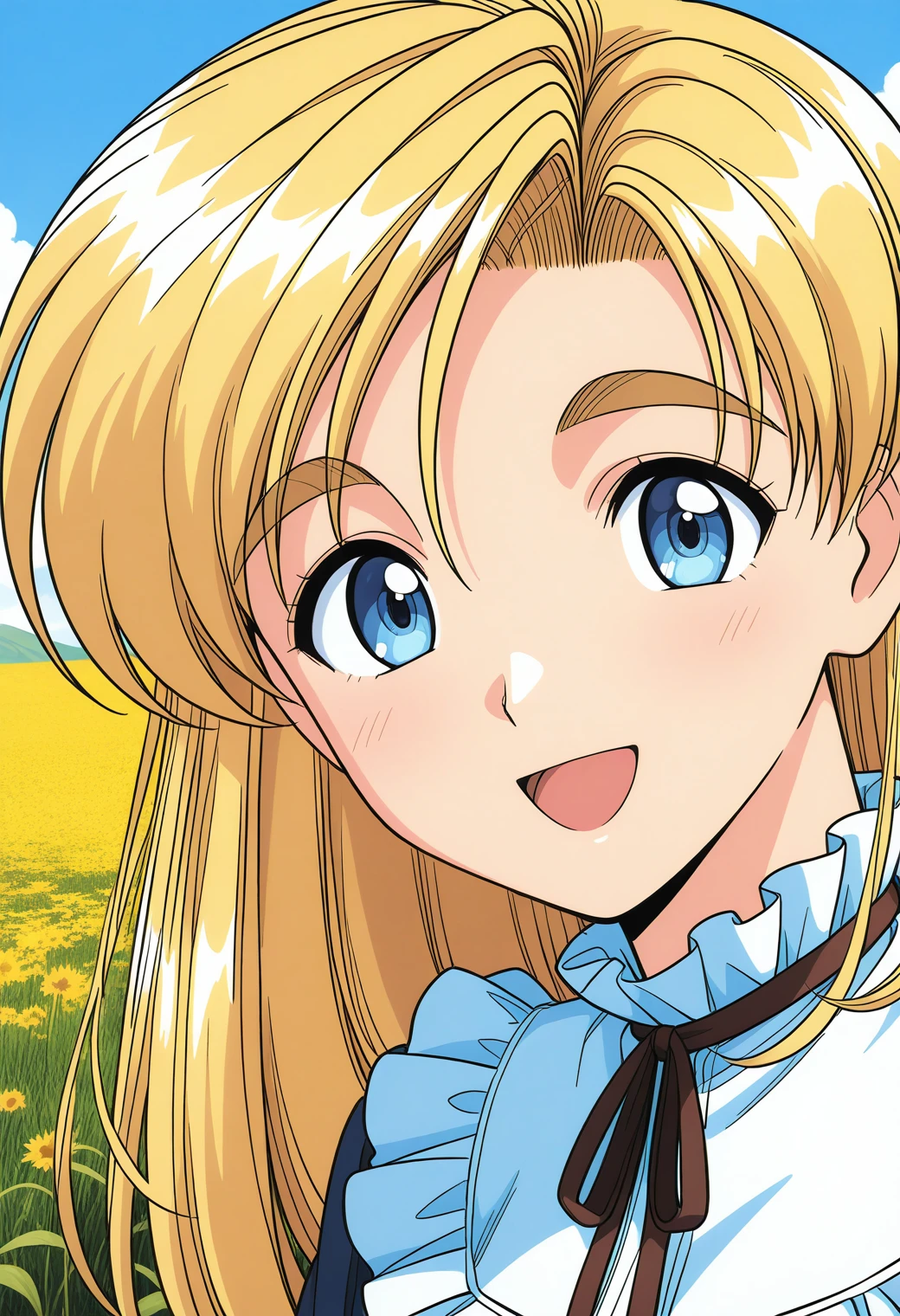 aitoma_thirty, blue eyes, blonde hair, long hair, thick eyebrows, dress, frills, <lora:aitoma_thirty_illustrious_ver1:0.8> 
smile,, masterpiece, best quality, general,, 1girl, solo, (field:1.2), (blue sky:1.2), looking at viewer,, (upper body:1.2), (close-up:1.2), (facing viewer:1.2), (open eyes:1.4), (portrait:1.2)