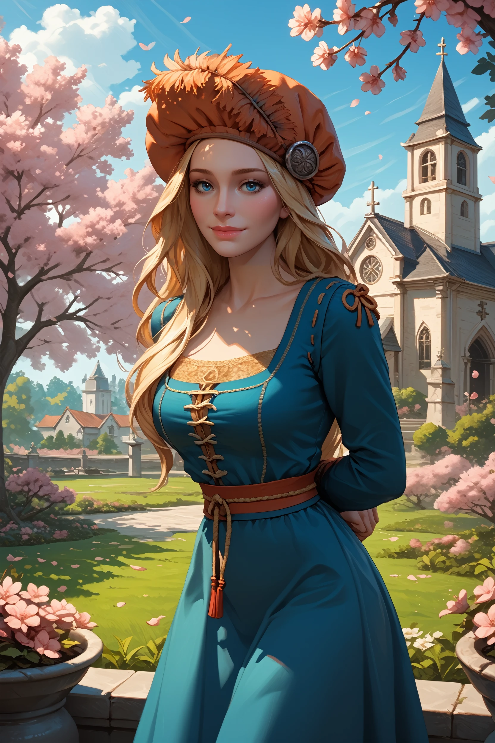 score_9, score_8_up, score_7_up,
<lora:W3Priscilla:0.8>
W3Priscilla, 1girl, long hair, blonde hair, blue eyes, hat, arms behind back, leaning forward, standing, outdoors, cherry blossoms, smile, garden, church