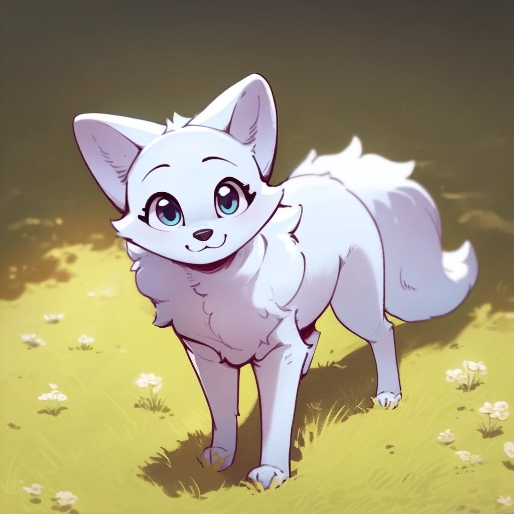 score_9, score_8_up, score_8, score_7, source_cartoon, source_furry, Solo, 1girl, feral, dog, dog girl, samoyed, female furry, white fur, fluffy tail, cyan eyes, cute face, full body, standing, looking at viewer, soft smile, grass clearing,