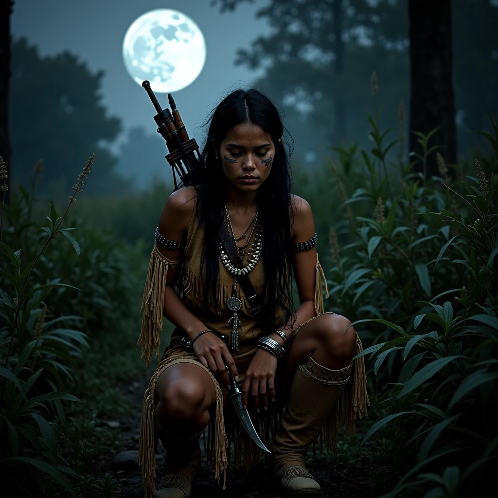 ovtlawz, an Apache female outlaw creeps through the underbrush at midnight, her bow slung across her chest and a tribal knife on her hand. She wears a deerskin tunic adorned with bone beads and fringes, with soft moccasins that allow her to move silently. Her face is painted with streaks of ochre and charcoal, blending into the moonlit landscape. The camera captures her in a crouched position from a high angle, emphasizing her stealth. The lighting is soft and silvery, with the moon casting dappled light through the leaves, creating a haunting and ethereal scene.