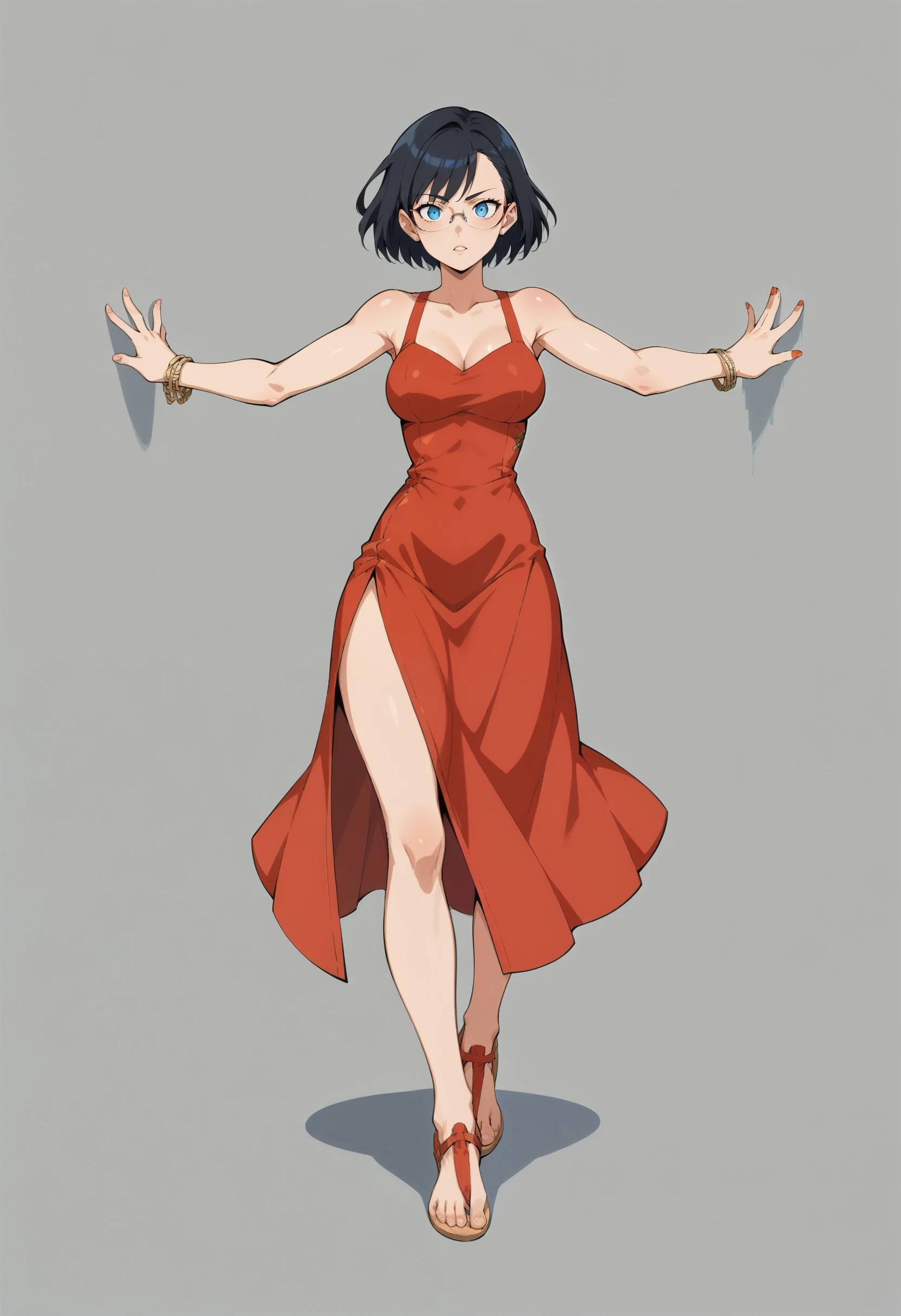 score_9, score_8_up, score_7_up, score_6_up, scource_anime, high quality, best quality, masterpiece, fca_style, foot focus, front view, perfect feet,
1girl, dancing, short hair, black hair, glasses, red dress, blue eyes, tbarsandals, sandals, black footwear, <lora:BLACK_MAGIC_2D_ANIME_ENHANCER:1> <lora:T-Bar_Sandals_Pony-000010:1>