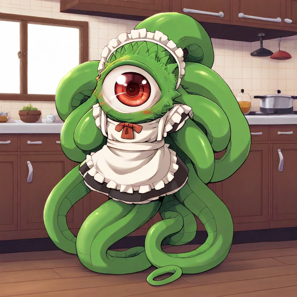 <lora:Shuma_Gorath_Marvel_Comics_-_Illustrious:1> Masterpiece, high-res, 2k, best quality, shuma gorath, red eyes, cyclops, maid headdress, white apron, frilled apron, looking at viewer, blush, no humans, kitchen, indoors,