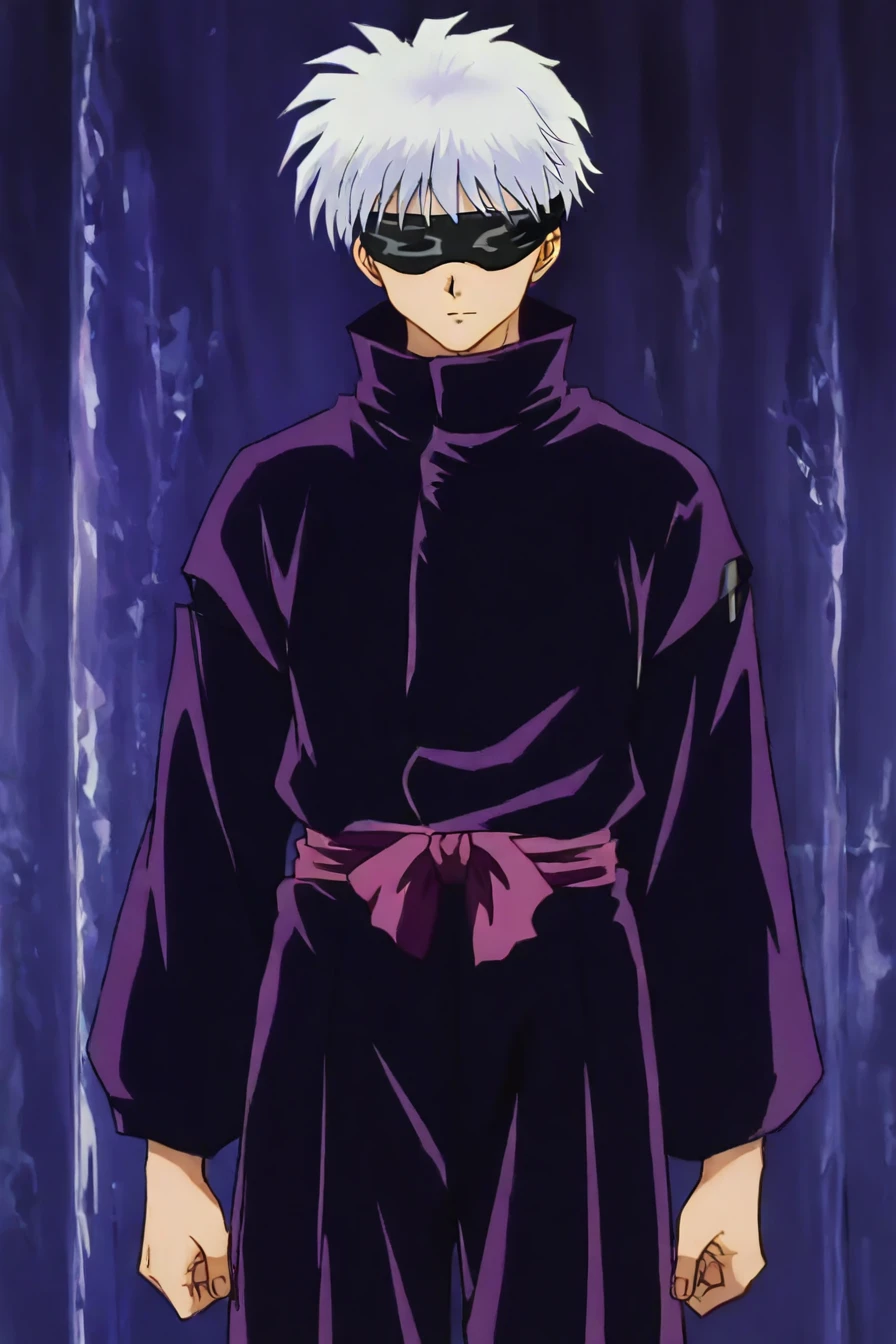 <lora:GojoSatoruPony:0.8> SatoruGojo, (gojou satoru:0.8), white hair, purple pants, high collar, blindfold, covered eyes, black blindfold, purple jacket, purple pants, 1boy, solo, alone,<lora:inuyasha_style_illustriousXL:0.8>, inuyasha_style,  masterpiece, highres