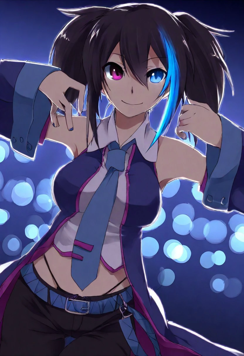 masterpiece, solo, yokune_ruko, heterochromia, smile,dark, neon, dutch angle, dancing, outstretched arm, bokeh