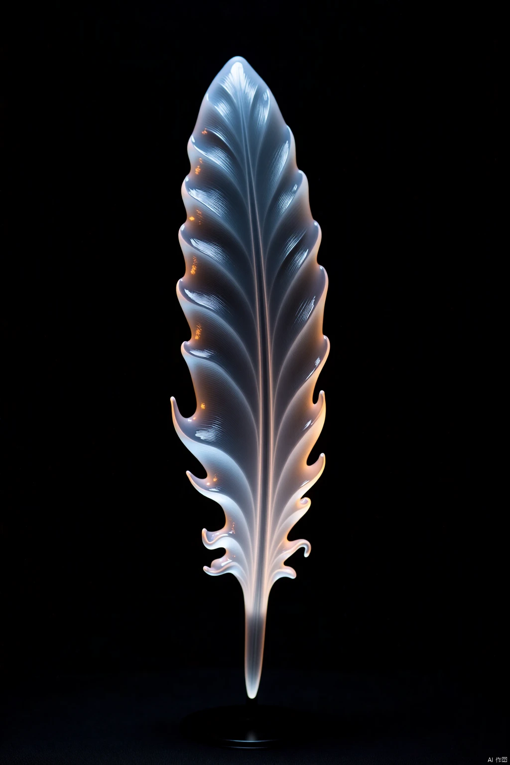 OBsgdys,
A solitary glass feather, crafted with breathtaking realism, floats effortlessly against a deep black void. Each delicate barb, formed from translucent glass with subtle variations in opacity, captures and diffuses light, creating an ethereal glow. The feather's gentle curves and intricate details speak to the artistry of glassblowing, capturing the ephemeral beauty of nature in a timeless medium.