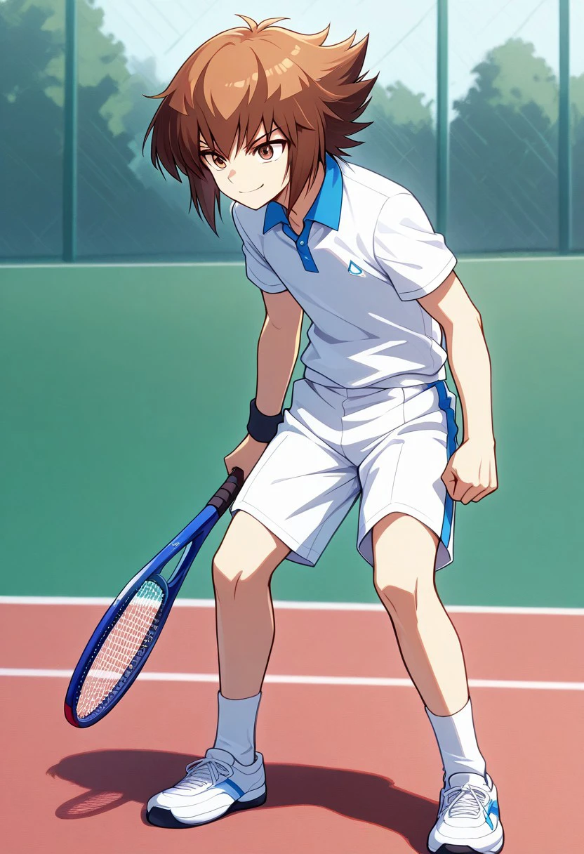 masterpiece, best quality, 
jadenyuki, 1boy, male focus, solo, brown eyes, brown hair, two-tone hair, multicolored hair, bangs, tennis uniform, polo shirt, short sleeves, shorts, socks, shoes,
outdoor, smile, determined