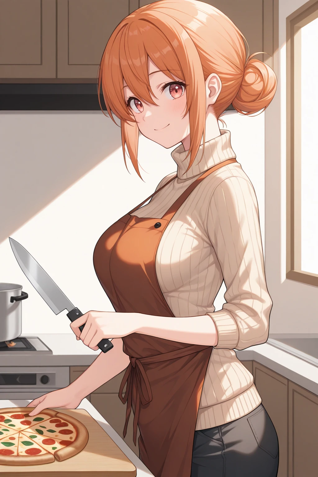 masterpiece, best quality, from side, looking at viewer, smile, yghmm, medium breasts, orange eyes, orange hair, hair between eyes, sidelocks, single hair bun, beige sweater, turtleneck sweater, apron, cooking, cutting, holding knife, pizza, indoors, kitchen, cutting board, <lora:Hoseki_Oregairu_MrsYuigahama_IllustriousXL_v1:1>