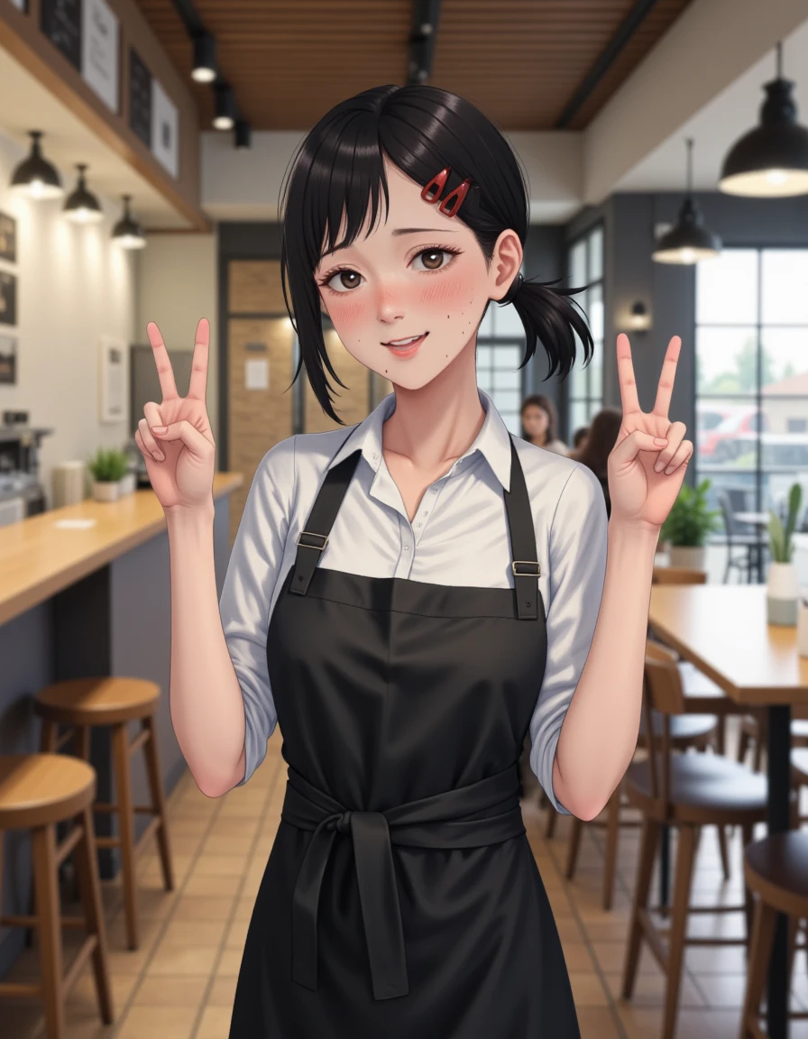 <lora:Kobeni_-_Flux:1> a <lora:real-lora:1.3> (ultrarealistic:1.31) photo of kobeni, a slender young woman with short black hair, tied with a red hair clip, wearing a white shirt and a black apron. Kobeni is making a peace sign with both hands while standing in a modern cafe. The background shows a counter with stools and a wall with a window. Kobeni's expression is playful, with a slight blush on their cheeks.