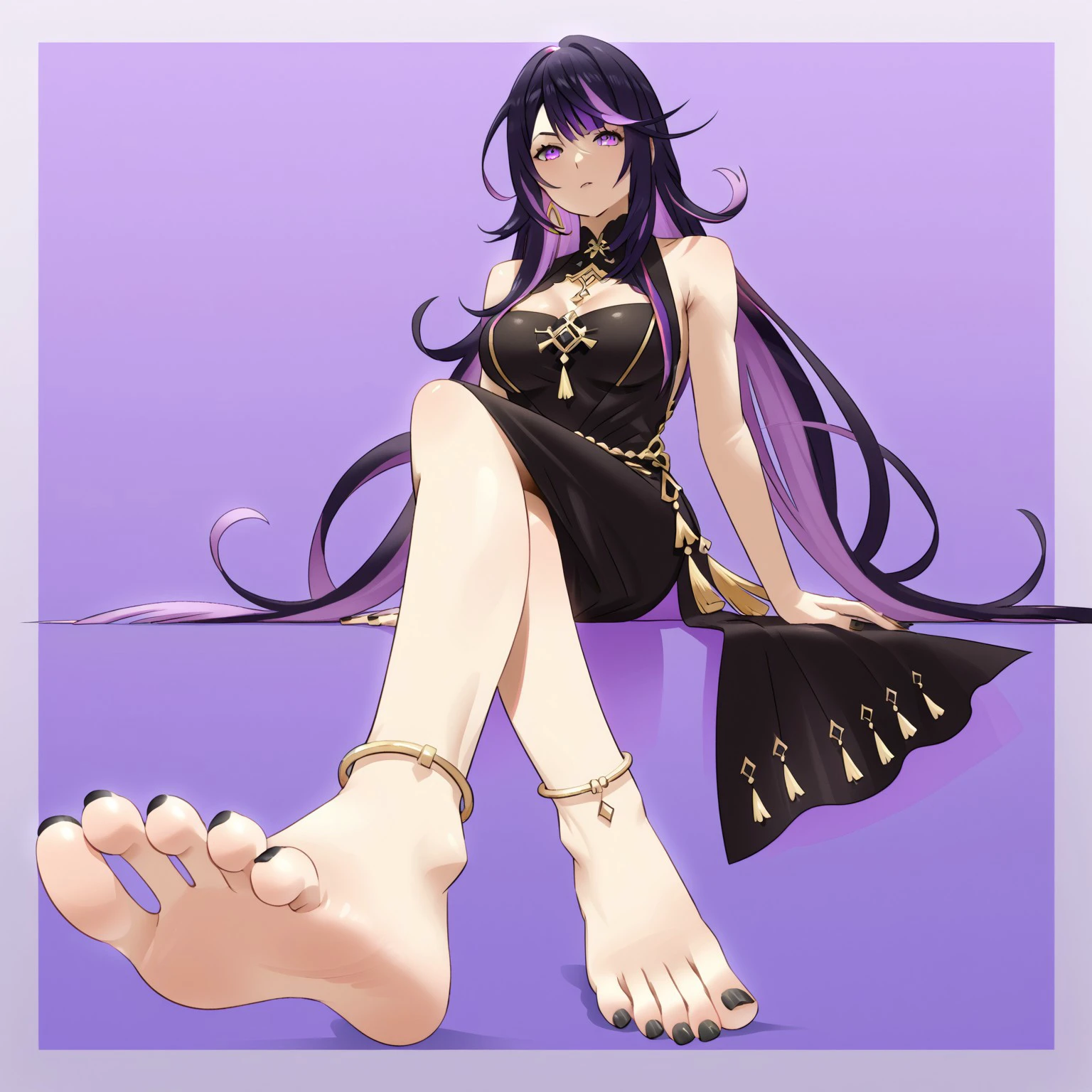 safe_pos, Mohoshadream, 1girl, anklet, barefoot, black dress, black hair, black nails, colored inner hair, purple hair, crossed legs, foot up, foot focus, soles, foreshortening, full body, jewelry, breasts, nail polish, sitting, very long hair