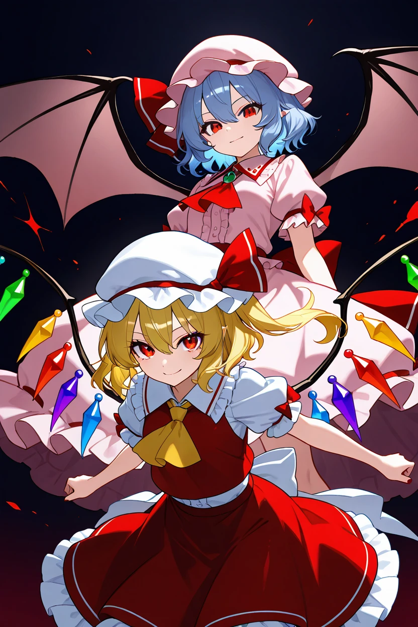 masterpiece, best quality, 21 year old model, eyelashes, (beautiful eyes),     ,,,2girls,  zzRemilia, red eyes, blue hair, short hair, hat, ribbon, wings, ascot, hat ribbon, pink dress, bat wings, short sleeves, frills, puffy sleeves, zzFlandre, red eyes, blonde hair, one side up, hair between eyes,  wings, ascot, red skirt, hat ribbon, short sleeves, puffy sleeves, mob cap, red shirt,  <lora:ScarletSistersIXL_v1:1.0>, dynamic pose, cowboy shot, smile, looking at viewer, shiny skin,