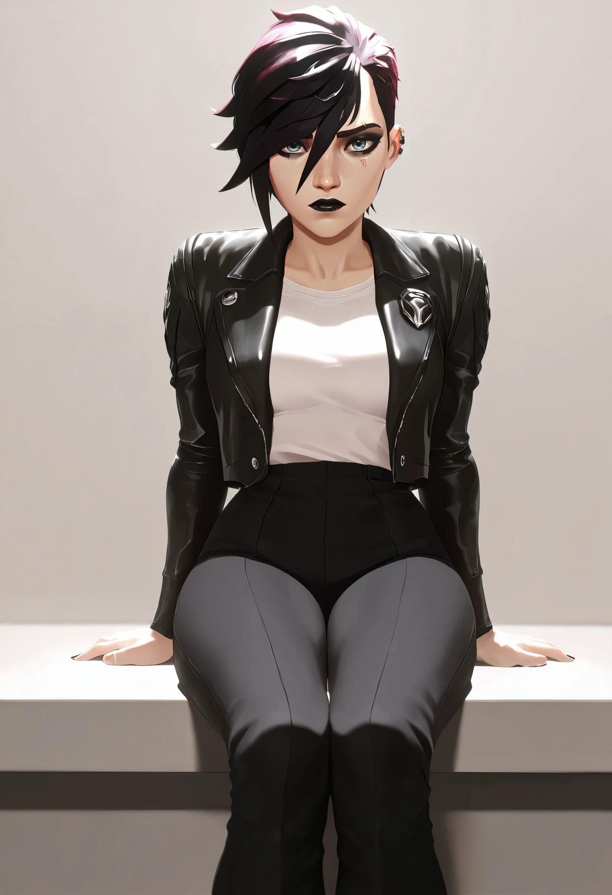 masterpiece,best quality,amazing quality,  <lora:arcane_style_illustrious_goofy:1>vi \(league of legends\), 1girl, black eyeliner, black hair, black jacket, black lips, black pants, eyeliner, hahahuhi, jacket, long sleeves, looking at viewer, makeup, pants, shirt, short hair, sitting, solo, white shirt