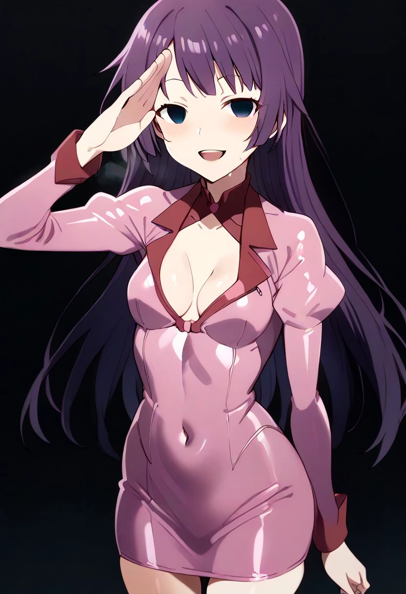 salute, score_9, score_8_up, score_7_up, 
BREAK
(1girl, solo, empty eyes girl, girl salute), 
BREAK
senjougahara hitagi, long hair, hime cut, purple hair, blue eyes,
hypnosis, empty eyes, looking at viewer, blush, smile, open mouth, small breasts, long sleeves, dress, ribbon, cleavage, closed mouth, thighs, sweat, salute, covered navel, from above, shiny clothes, salute, shrug (clothing), latex, cowboy shot, sweat, teeth, breath, salute pose,
BREAK
simple background, black background