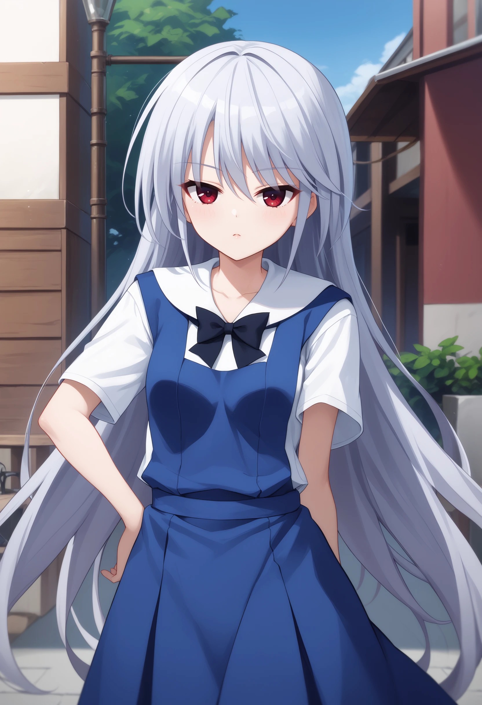 score_9, score_7_up,   1girl, kzk, silver hair, long hair, red eyes, shirt, white sailor collar,  blue pinafore dress,  black bowtie, looking at viewer,     <lora:Kazuki FF 5-000008:1>