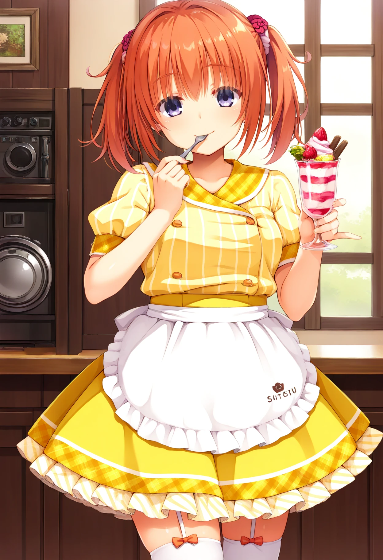 (masterpiece, best quality, highres, absurdres, very detailed, photorealistic, very aesthetic:1.22), (detailed eyes), yuzu modoki, shiny skin, 1girl, sumizome nozomi, orange hair, aaacafe, yellow dress, white apron, plaid, striped shirt, striped skirt, garter straps, bow legwear, white thighhighs, layered skirt, puffy short sleeves, utensil in mouth, holding parfait, strawberry parfait, twintails, flower scrunchie, happy, <lora:nozomi_2-14:1>