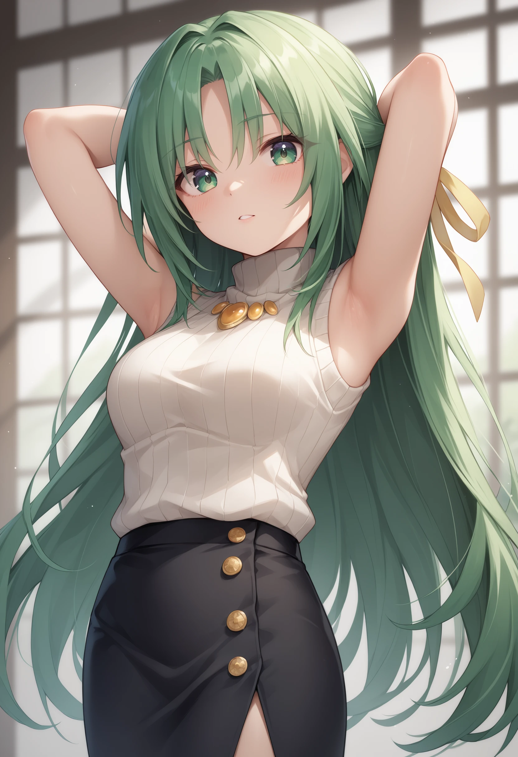 score_9, score_7_up,   1girl,  <lora:Shion renew :1> shi, green hair, long hair, green eyes, hair ribbon, white turtleneck sweater, black pencil skirt, brooch, sleeveless, arms behind head, armpits, looking at viewer,