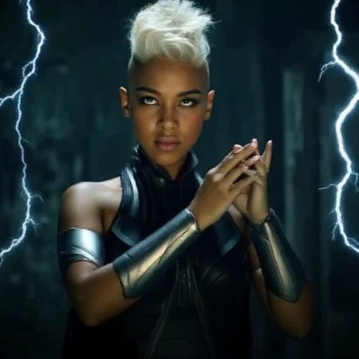 and gauntlets with sharp, indicative of her connection to wind or storm-based powers., Storm. The image is a photograph featuring a close-up of a woman with a striking appearance. She is of mixed ethnicity, dimly lit setting with a backdrop of a gritty, glowing edges., platinum-blonde hair styled in a spiky, with short, a shapeshifter and assassin