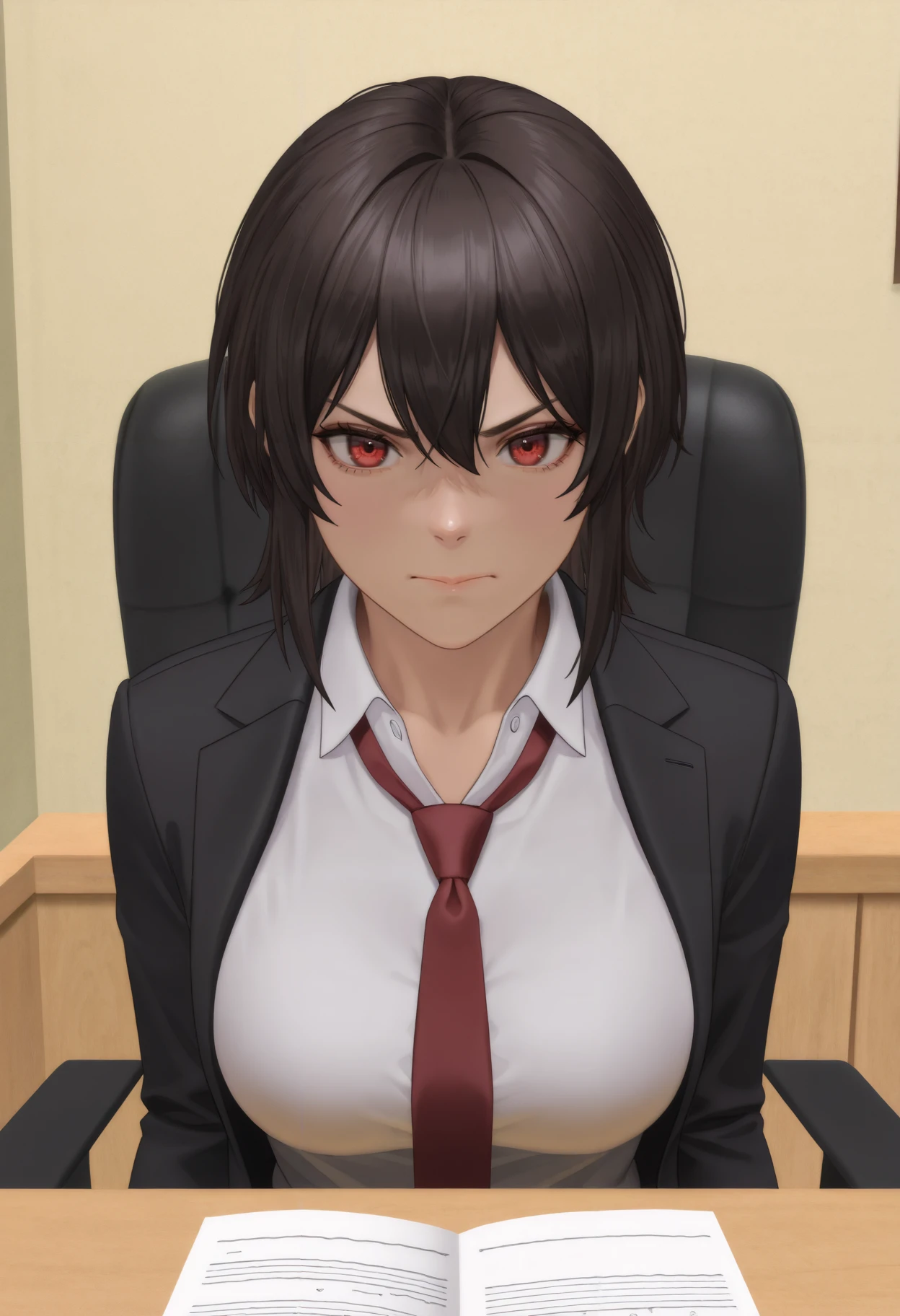 masterpiece, best quality, newest, absurdres, highres, dark, office, indoors, sitting on office chair, pov across table, closed mouth, angry, medium breasts, 1girl, solo,  <lora:Elna_Stongs_Illustrious-000010:1> estonggsslna, short hair, brown hair, sidelocks, hair between eyes, bangs, red eyes, black jacket, red necktie, white collared shirt, <lora:serge3dx:0.8> serge3dx, realistic, photorealistic