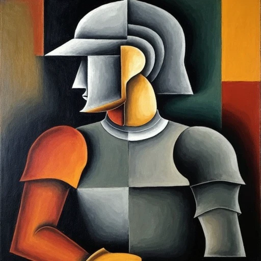 a JuanGris Juangris painting still life and cubism style of man in knight armor and helmet