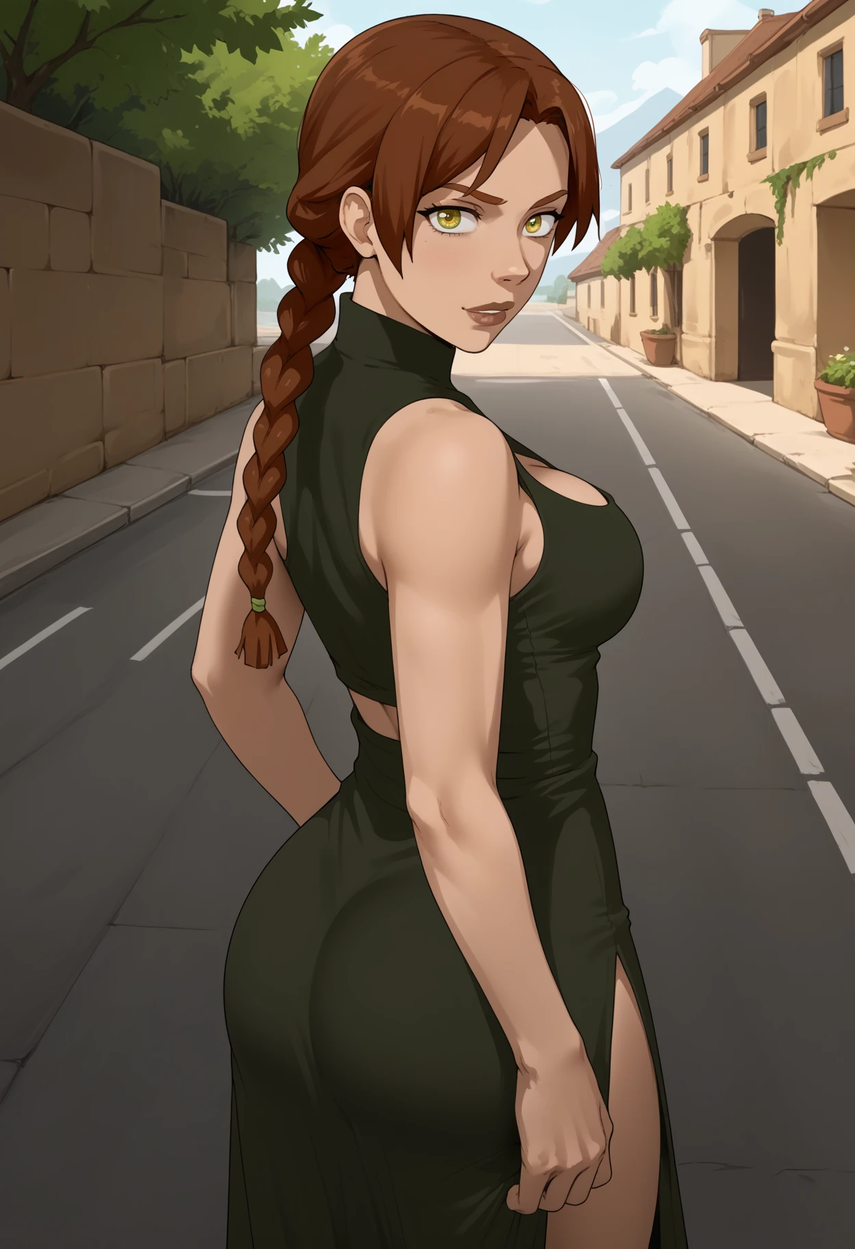 score_9, score_8_up, score_7_up, score_6_up, score_5_up, <lora:NM_Ajala_atla:1>, BREAK NM_Ajala_atla, 1girl, solo, green eyes, yellow eyes, brown hair, red hair, long hair, braid, breasts, large breasts, slim waist, dress, green dress, tight dress, cleavage, clothing cutout, looking at viewer, outdoors, flirting, looking back, from behind, ass, back view, <lora:nm_fitbutt_v1:1>, hand on hips,