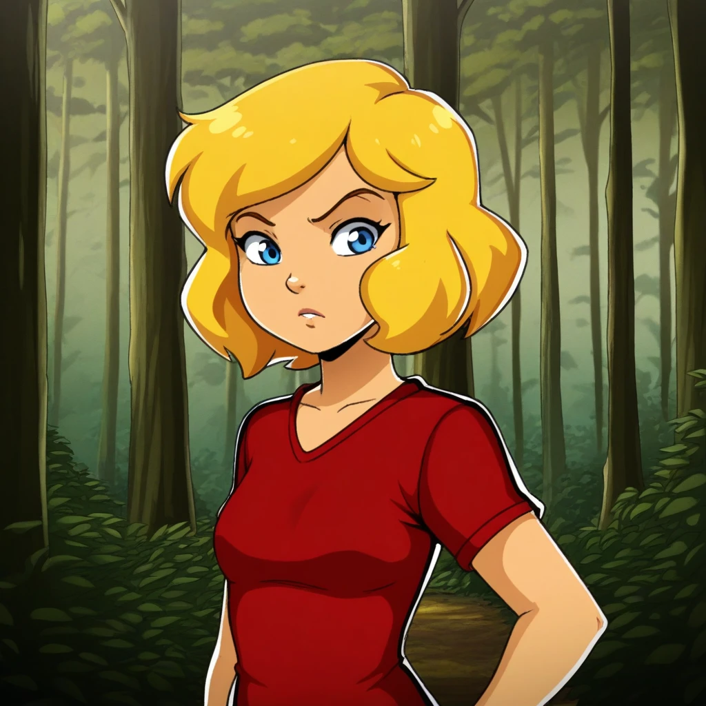 masterpiece, best quality, TASpiez, 1girl, solo, blonde hair, short hair, blue eyes, red shirt, upper body,  <lora:The_amazing_spiez_Style_illustrious_Leaf1:1>, forest,