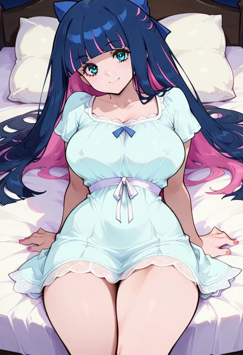 very awa,masterpiece,best quality,very aesthetic,year 2024,newest,highres,absurdres, big breasts, sexy, 
best quality anime, intricate details, dynamic viewing angle, accurate body proportions, skindentation, bedroom background,
smile, looking at viewer, head tilt, 
patStocking, stocking anarchy, blue eyes, blue hair, colored inner hair, hair bow, long hair, multicolored hair, pink hair, two-tone hair, bangs, blunt bangs, laying in bed, night gown,