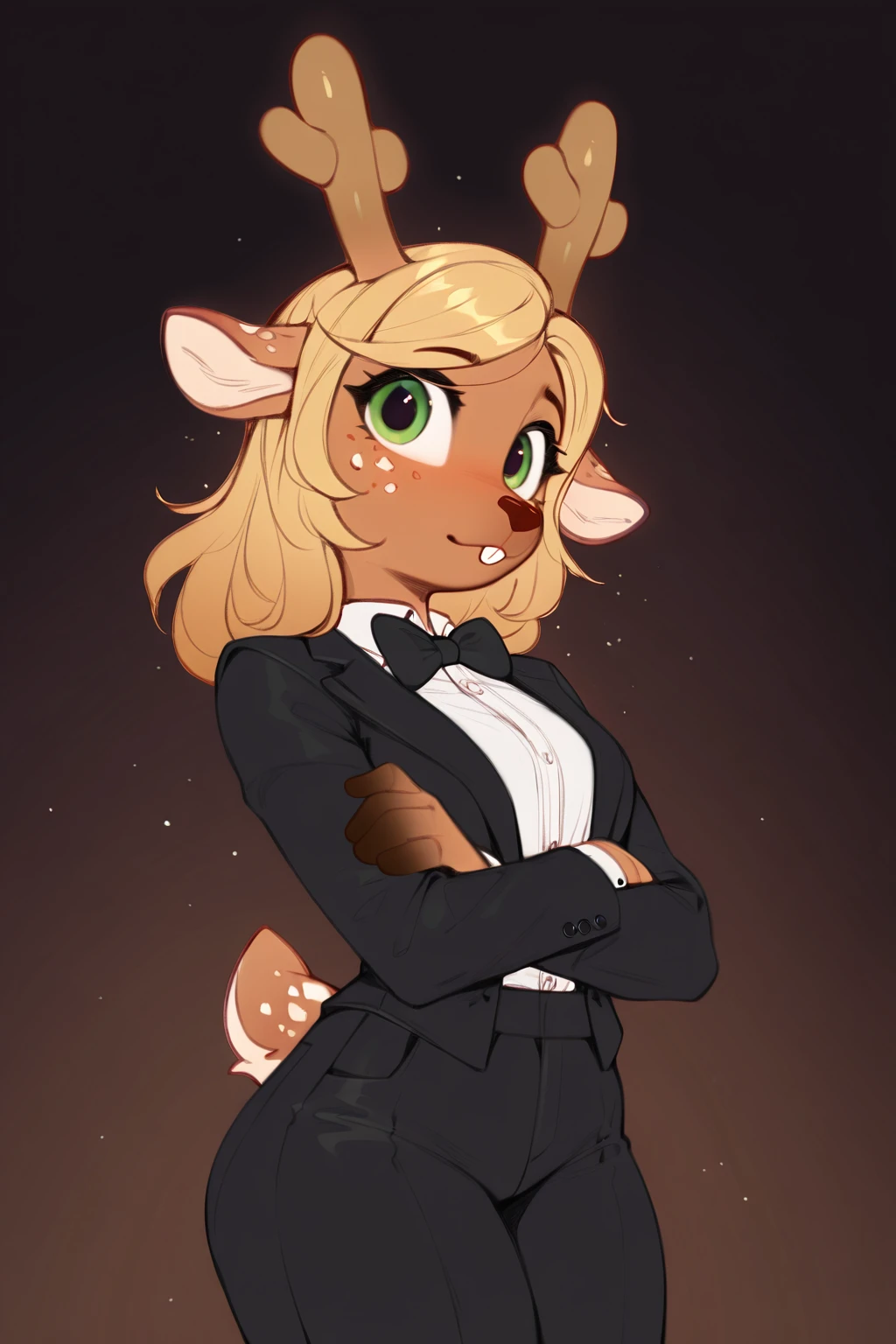 masterpiece, best quality, newest, absurdres, furry female, noelle_hol, deer girl, buck teeth, tuxedo, dark background, black pants,
BREAK
dynamic background,  <lora:Noelle_Holiday_-_Deltarune_IL:1>