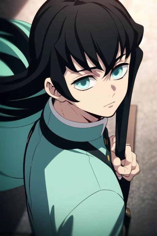 masterpiece, best quality, high quality, 1boy, solo, male focus, looking at viewer, upper body, <lora:tokitou_muichirou:0.82>, tokitou_muichirou, long hair, bangs, black hair, aqua eyes, demon slayer uniform, two-tone hair, <lora:animemix_v3_offset:0.35>