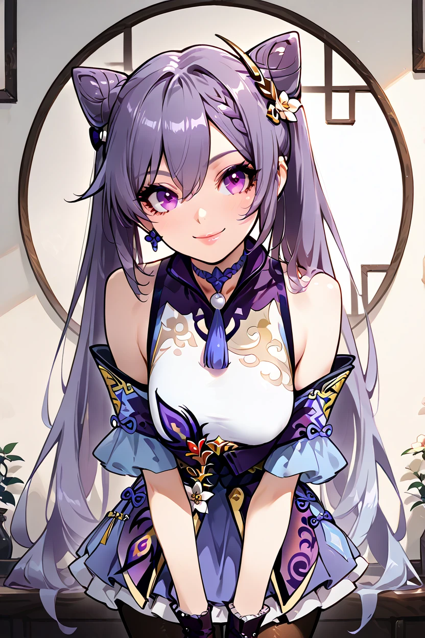 masterpiece, best quality, 1girl, solo, 21 year old model, eyelashes, (beautiful eyes),     zzKeqing, purple eyes, hair between eyes, cone hair bun, hair bun, hair ornament, long hair, purple hair, twintails, double bun,    black pantyhose, dress, bare shoulders, detached sleeves, gloves, frills, skirt,  ,<lora:KeqingGenshinIXL:1.0>, ,,,solo, (beautiful eyes), beautiful lips, upper body, leaning forward, portrait, smile, looking at viewer, <lora:CyberPerfectionIXL:1.0>,