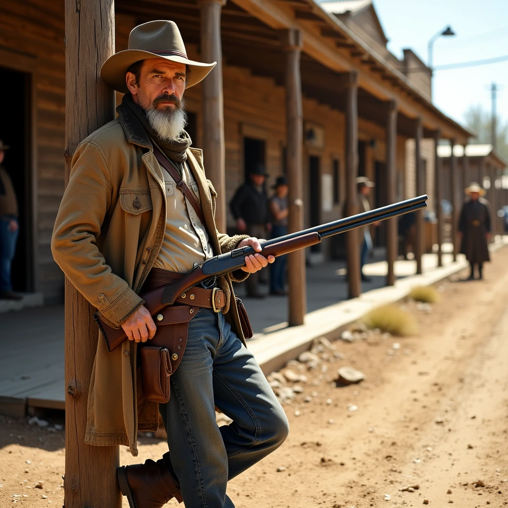 ovtlawz, an Anglo-American male outlaw leans against a weathered hitching post in the center of a one-street frontier town. His faded duster coat is caked with dust, and his broad-brimmed hat is tipped low over his rugged face. He holds a double-barrel shotgun casually, the barrel resting against his boot. A leather holster, worn from years of use, hangs from his belt. Behind him, townsfolk peek nervously from windows as tumbleweeds roll by. The camera is positioned at eye level, capturing the gritty tension. The lighting is harsh midday sun, creating stark contrasts and deep shadows on the wooden storefronts.