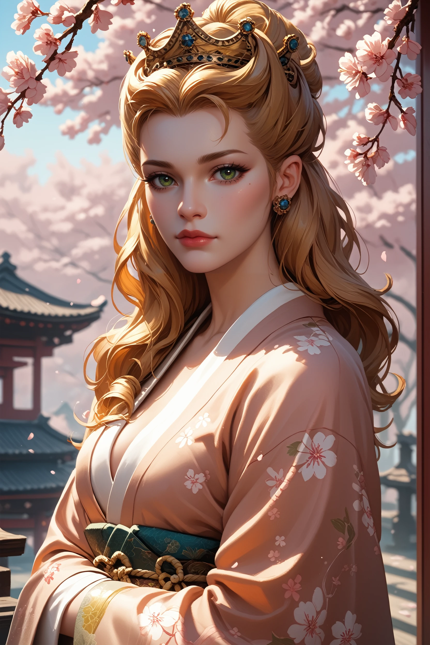 score_9, score_8_up, score_7_up,
<lora:W3AnnaHenrietta:0.8>
W3AnnaHenrietta, 1girl, blonde hair, long hair, green eyes, looking at viewer, in a traditional kimono, surrounded by cherry blossoms