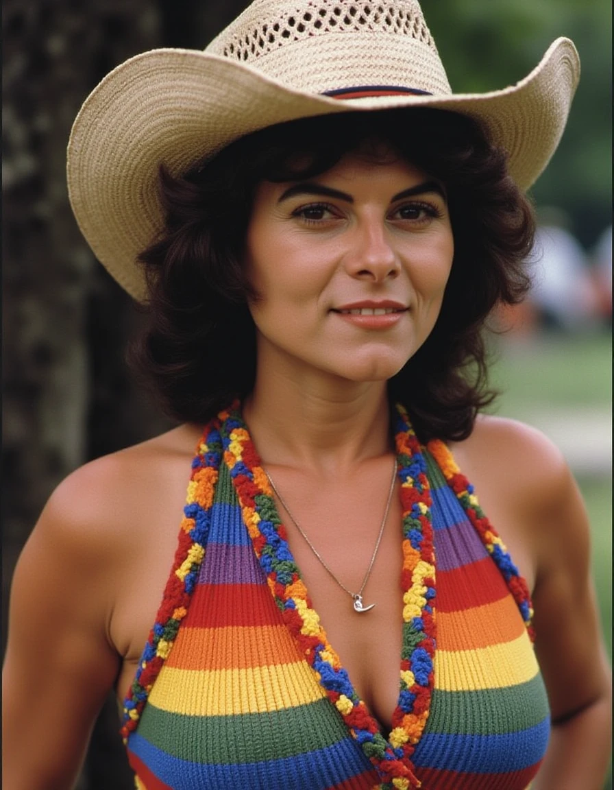 <lora:adrienne-barbeau:1> the, and, her, with, she, adriennebarbeau wearing a rainbow cowboy vest and a big cowboy hat