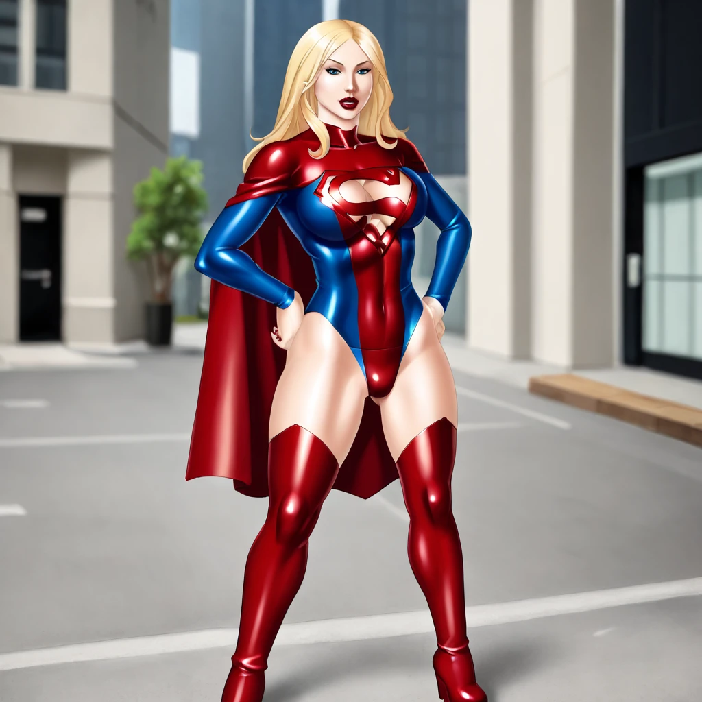 <lora:darkshadows_pony_v1:1> score_9, darkshadows_style, darkshadows, source_artwork   <lora:supergirlcleavage_pony_v1:.8> SupergirlCleavage, 1girl, solo, cleavage cutout, cape, blue eyes, clothing cutout, superhero, lipstick, makeup, underboob cutout, lips, groin, large breasts, blonde long hair, red thighhighs, red highleg leotard, nail polish, hair down, red nails